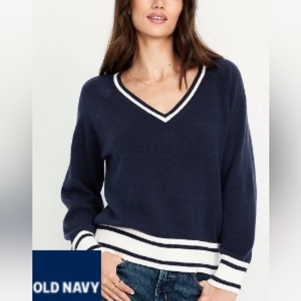 V-Neck Navy Stripe Sweater - Women